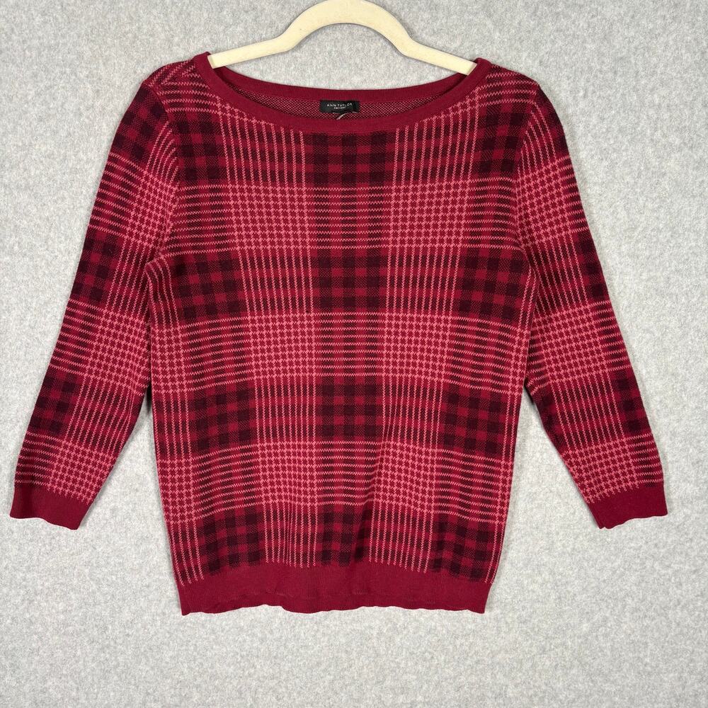 Ann Taylor Sweater XS Red Pink Plaid 3/4 Sleeve Academia Career Thin 100% Cotton